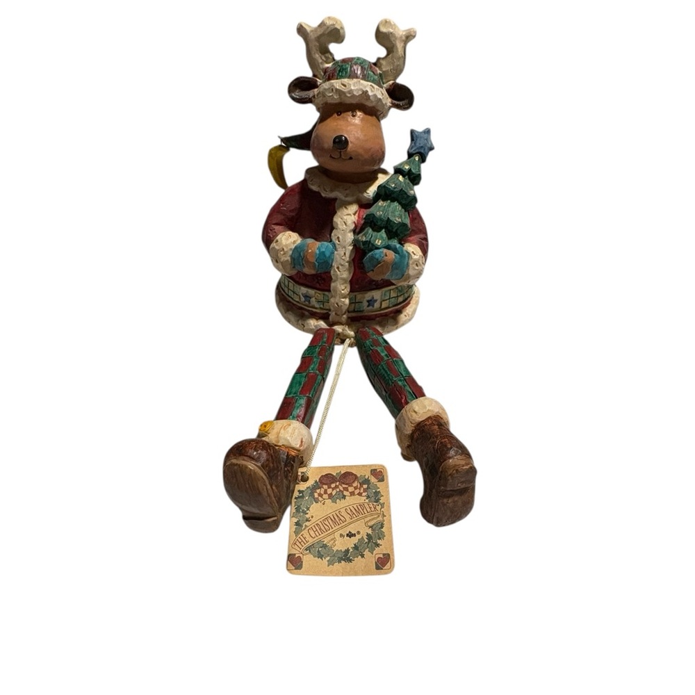 Russ Berrie Christmas Reindeer Holiday Figurine Holding Tree Shelf Sitter Vint